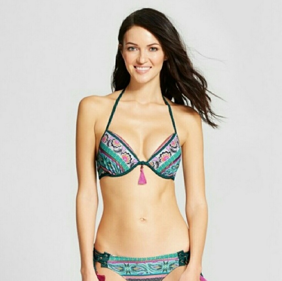 Shade & Shore Other - Shade & Shore Swim  Top Floral Ruched Beaded Trim Underwire Tassel Adjustable